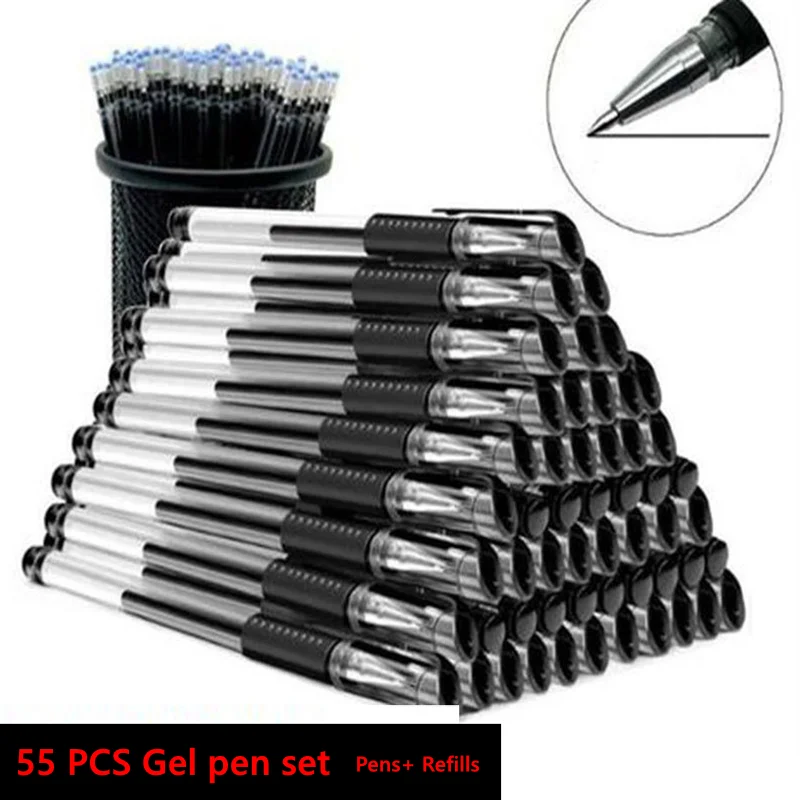 55Pcs/Lot 0.38mm/0.5mm Black blue Ink Gel Pen Refills Set Bullet/Needle Tip Rod Ballpoint pen for School Office School supplies