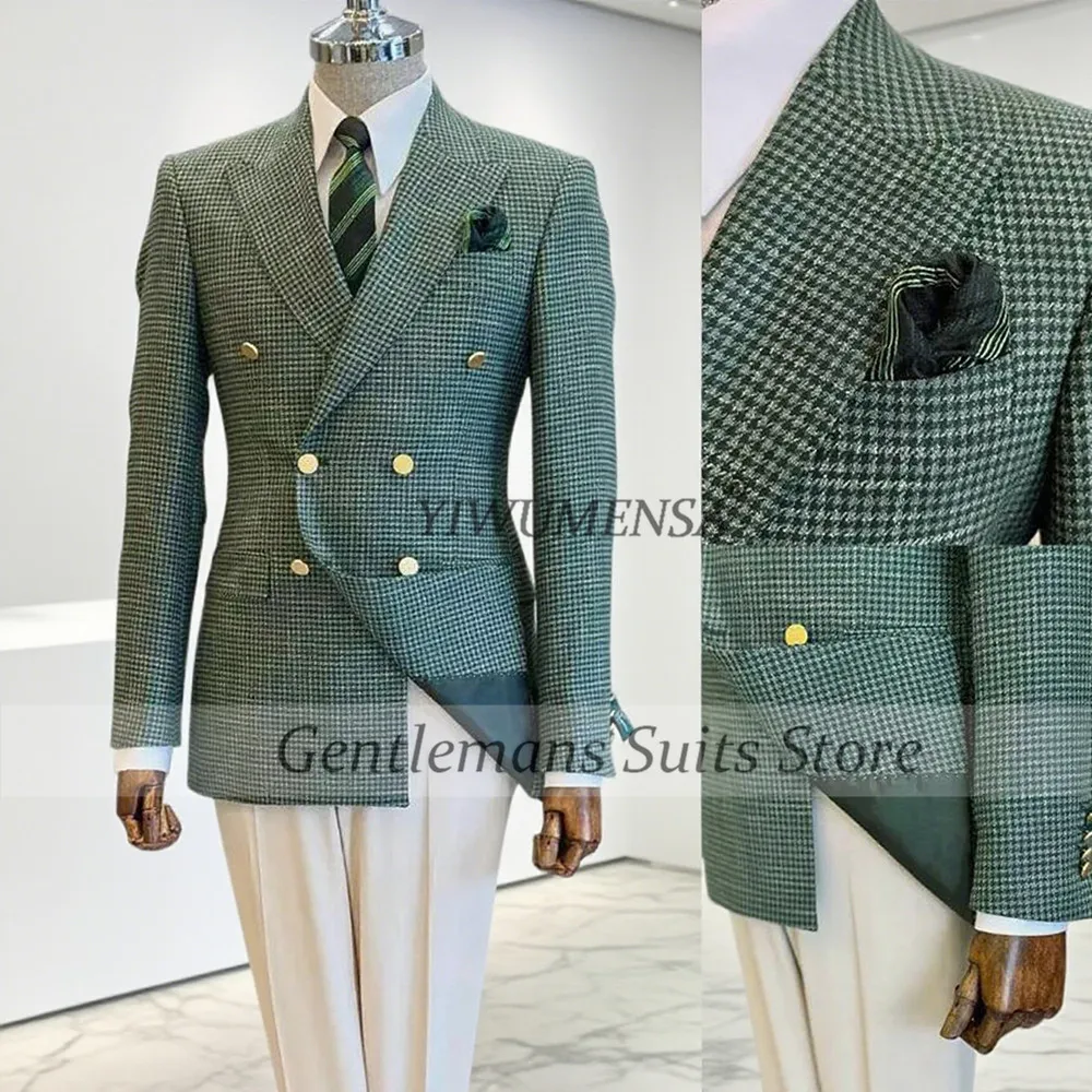 

Male Fashion Houndstooth Suits Men 2 Pieces Sets Doubnle Breasted Prom Blazers Customized Man Formal Dinner Party Tuxedos