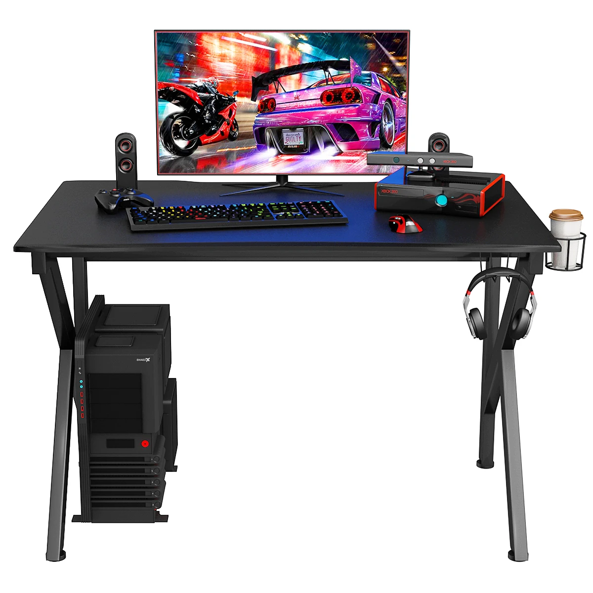 Gaming Table 115 cm K-shaped gaming table with headphones Hook & Cup Holder & cable management ergonomic computer table with