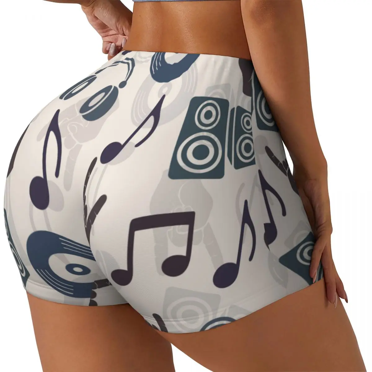 

Spandex Yoga Shorts for Women Music Headphones Disk CD Plate Loudspeakers Notes And Fingers Gesture Workout Booty Shorts