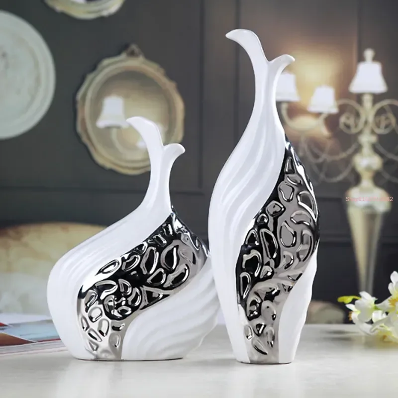 Home Decoration Arts Vase Ceramic Crafts Living Room Creative Wedding Gift High-end Hollow Silver Plated Vase