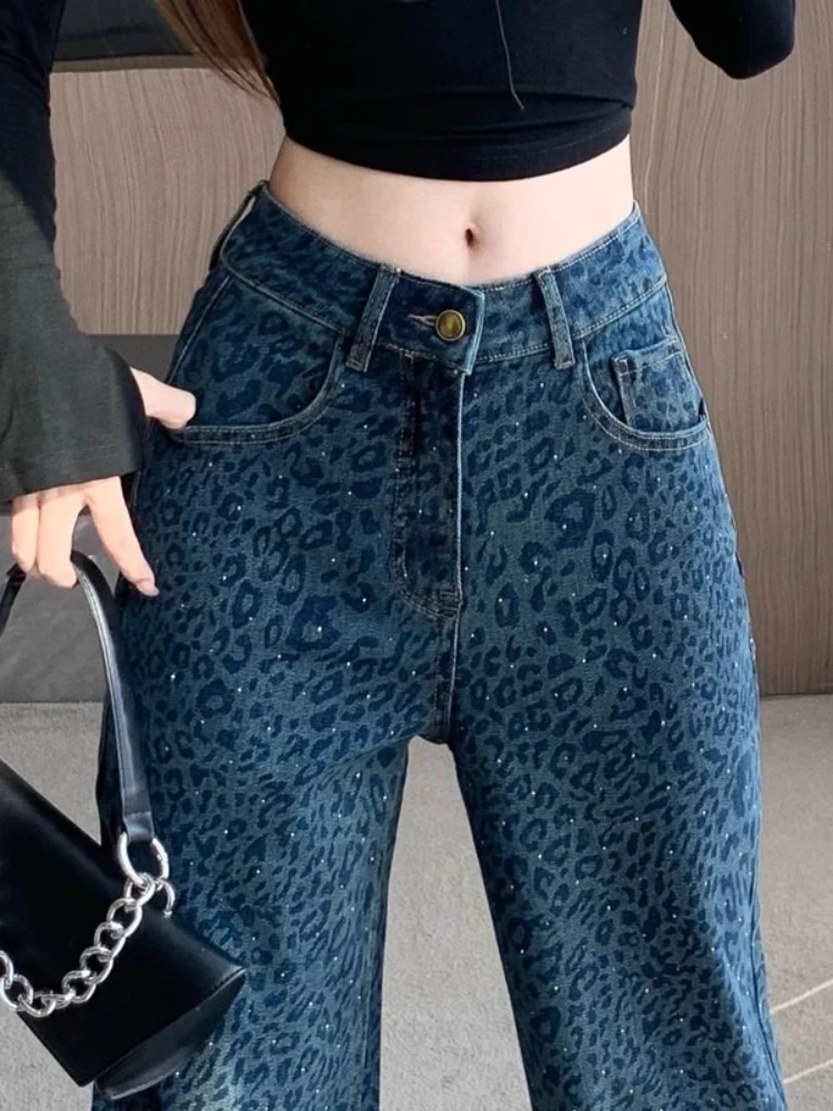 

Популярные джинсы с высокой талией и леопардовым принтом со стразами, женские повседневные широкие брюки на осень/зиму, модные универсальные джинсовые брюки-тапочки Y2k