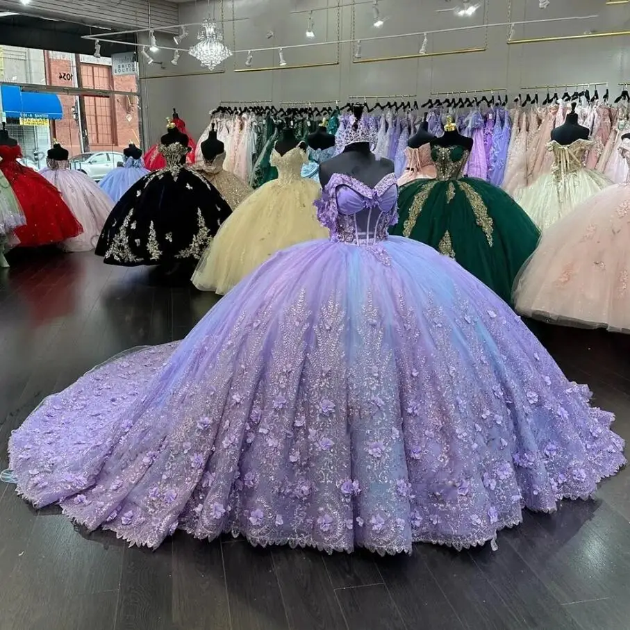 

Mexico Purple Sweetheart Quinceanera Dress 2024 Beaded Appliques Corset Prom Dress 3D Flowers Ball Gown Sweet 16 Robe De Bal