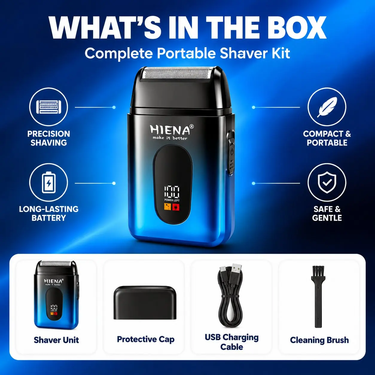 HIENA Men Reciprocating Electric Shaver Blue Digital Power Display Portable Rechargeable Beard Trimmer USB Charging Mini Travel Shaving Razor For Men view 2