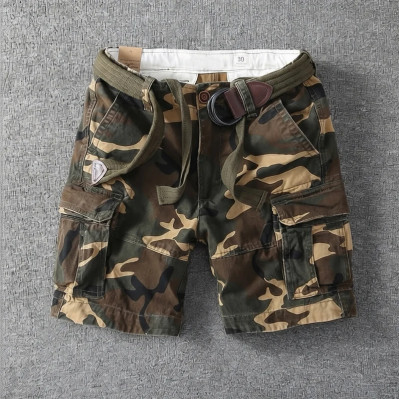 

American Retro Workwear Shorts Men's Large Pocket Three-quarter Length Cotton Casual High Street Loose Super Short Pants