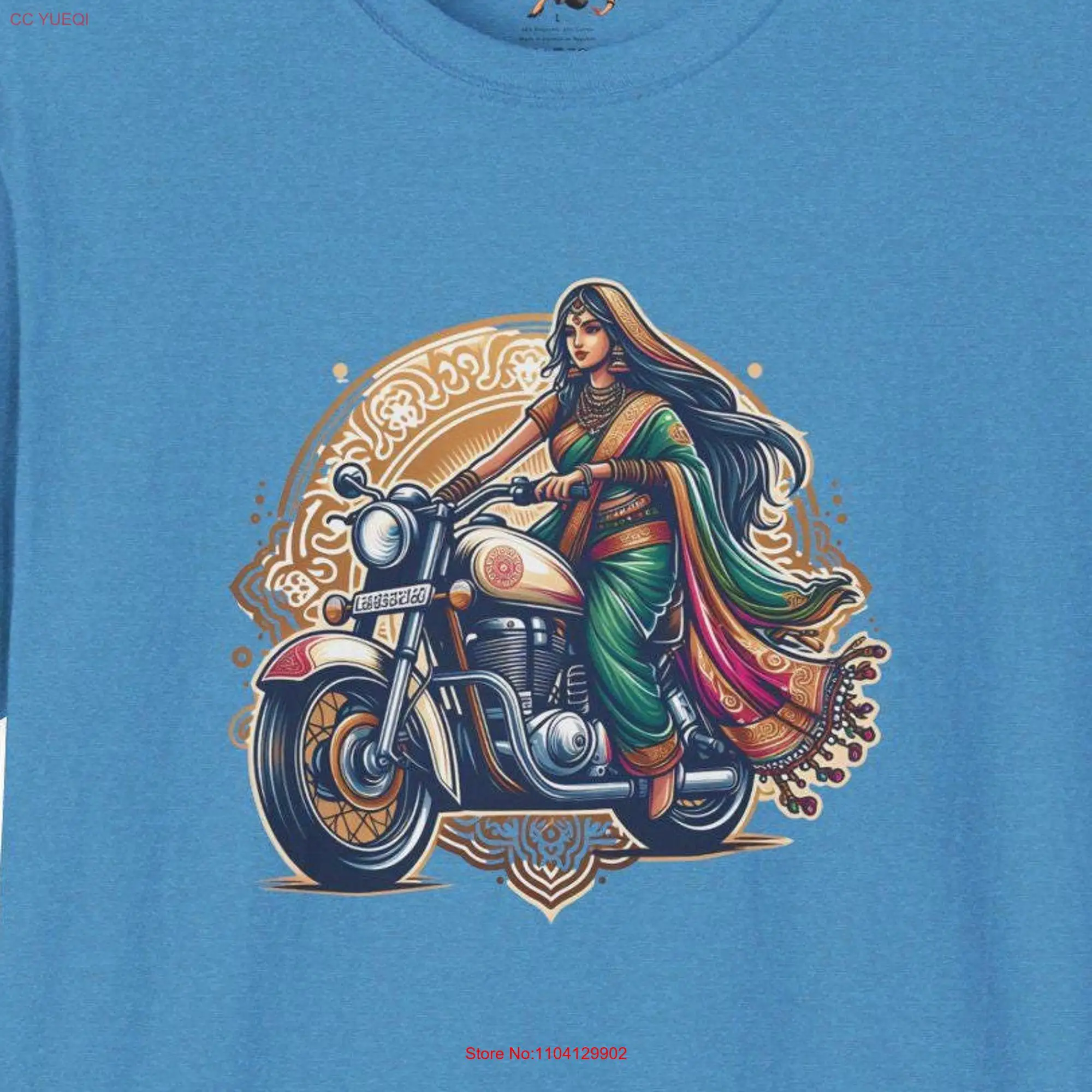 Indian Woman Motorcycle T Shirt Beautiful Biker Motorbike Sari long or short sleeves