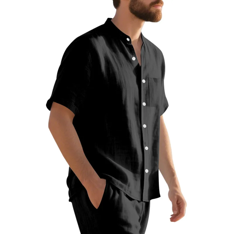 Men's Navy Blue Manin Collar Short Sleeve Shirt Casual Double Pocket Loose-Fitting Blouse Men's Clothing