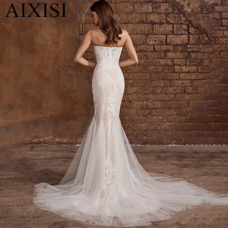 Affascinanti abiti da sposa sirena Appliques pizzo Vestidos De Novia senza spalline Exuqisite sirena senza maniche Luxury Robe de mariee