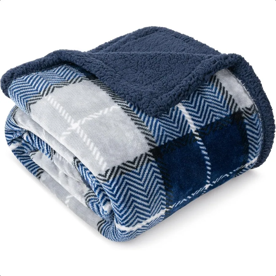 

Blue Navy Plaid Sherpa Throw Blanket for Couch Twin Plush Flannel Fleece Soft Fuzzy Cabin for Sofa Bed Warm Cozy Winter Gift 60