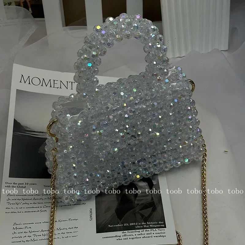 Handmade Beaded Woven Purses and Handbags Luxury Designer Popular Fantasy Transparent Bling Crystal Mini Evening Party Bags