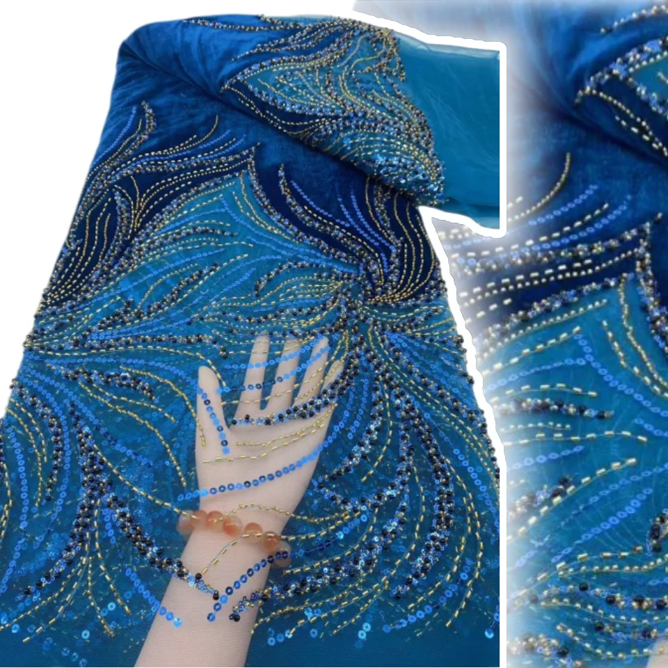 Nowy wzór afrykańskiej aksamitnej koronki z cekinami 2025, wysokiej jakości koronka z koralikami, nigeryjska koronka dla panny młodej na suknię ślubną, SZ1621