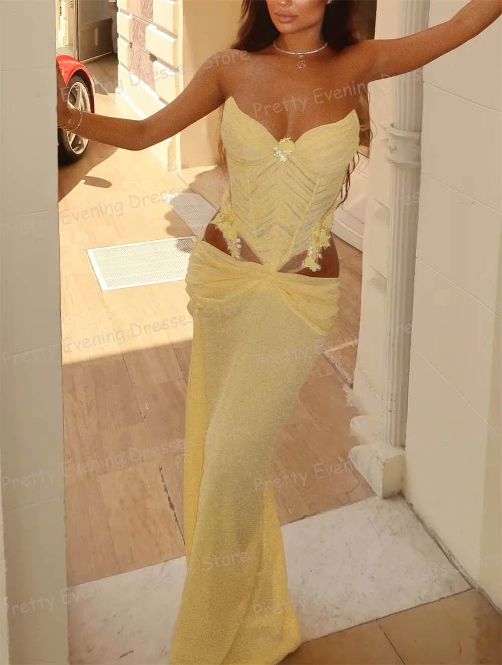 فساتين سهرة مثيرة على شكل قلب أصفر مكشكشة حورية البحر للنساء بدون أكمام فساتين حفلات مخصصة من فيستدوس دي نوفيا