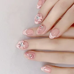 24Pcs/Set Pink Bow French Fake Nails Art Cute with Diamonds Girls Reusable Ballet Press on Nail Tips Oval Acrylic Stick on Nails