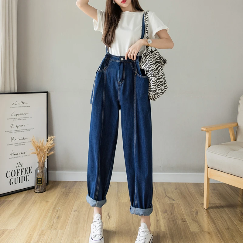 

Jeans Jumpsuits Women Fashion Strap Romper Pocket Summer Thin Denim Overalls Korean High Waist Loose Casual Straight Trousers