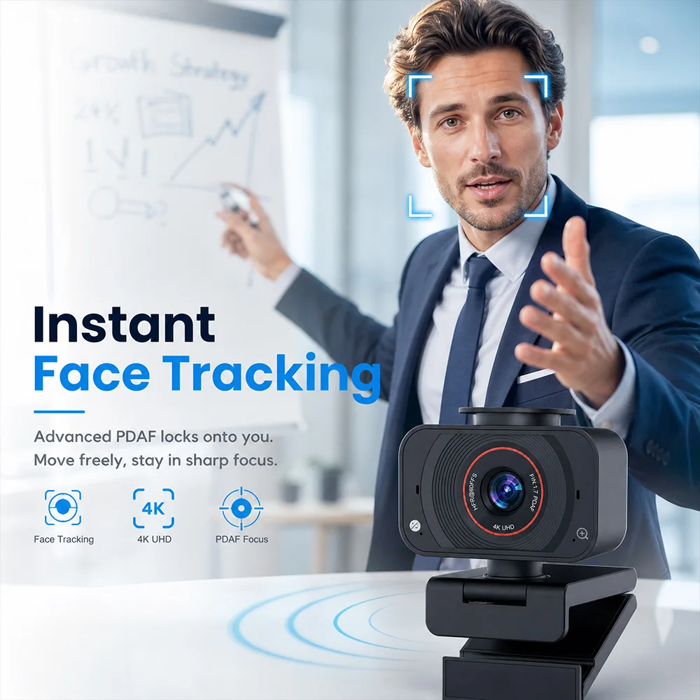 4K Ultra HD Webcam 30fps USB Computer Camera with PDAF Auto Focus Dual Noise Cancelling Mic Privacy Cover for PC Laptop Video Ca