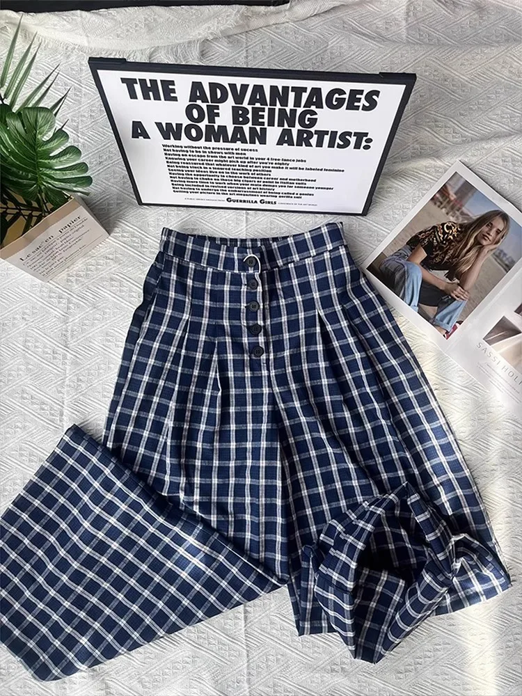 Pantaloni larghi larghi scozzesi blu Uomo Donna Pantaloni estivi sottili con senso appeso Pantaloni casual Pantaloni a tubo dritto a vita alta traspiranti