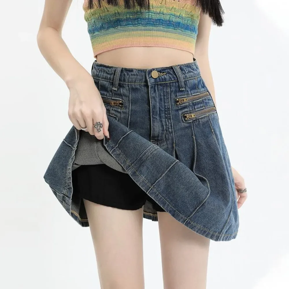 

High Waisted Pleated Denim Skirt for Women Slimming Down Covering The Belly Oversized Design Retro Style Hip Hugging Short Skirt