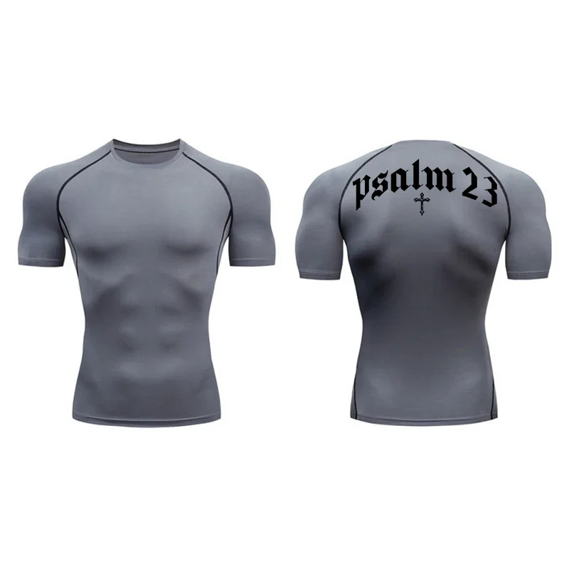 2024 Psalm 23 Cross Print Men\'s Sports Quick-Drying T-Shirt Tops Gym Workout Fitness Compression Shirt Short Sleeve S-3XL