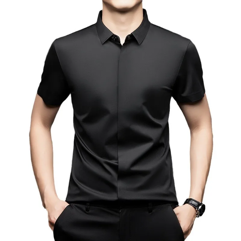 Silk Men Short Sleeve Shirt Business Casual Stretch Pure Color Commercial Affairs Casual Top