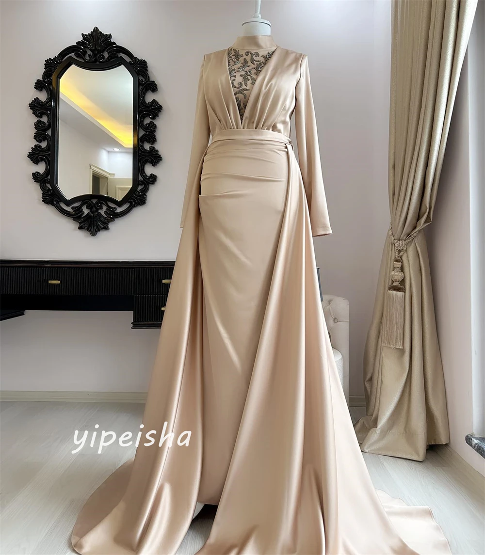 Cetim Sequined Beading Prom Dress, vestido de noivado Ruched, A linha alta Colarinho, Bespoke Ocasião Vestido, longos vestidos de noite, Arábia Saudita