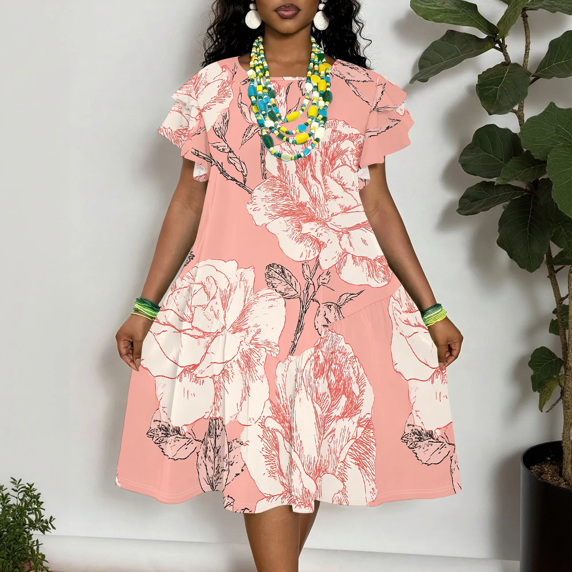 

Women's Plus Size Floral Print Short Sleeve Dress, Pink Rose Pattern A-Line Tunic for Summer