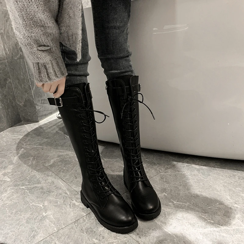 plus Size Women's Long Boots Knee-High Rider Boots Thick Leg High Tube Boot Low Heel round Toe PU Leather Rubber Outsole