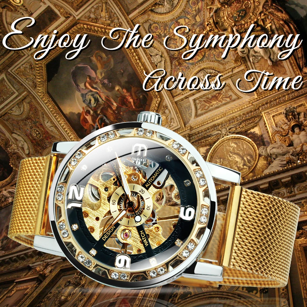 Reloj Mecánico Forsining Retro para hombre, relojes de lujo con esqueleto helado dorado, manecillas luminosas, relojes de pulsera con correa de acero inoxidable