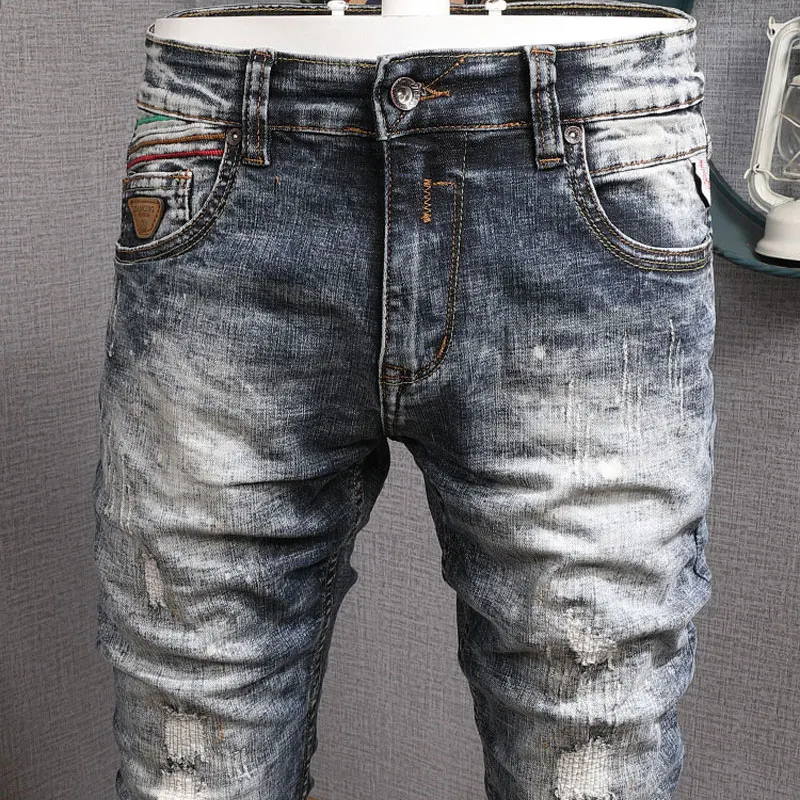 Fashion Trendy Men Jeans Retro Washed Gray Blue Elastic Stretch Slim Ripped Jeans Homme Vintage Patched Designer Denim Pants Men