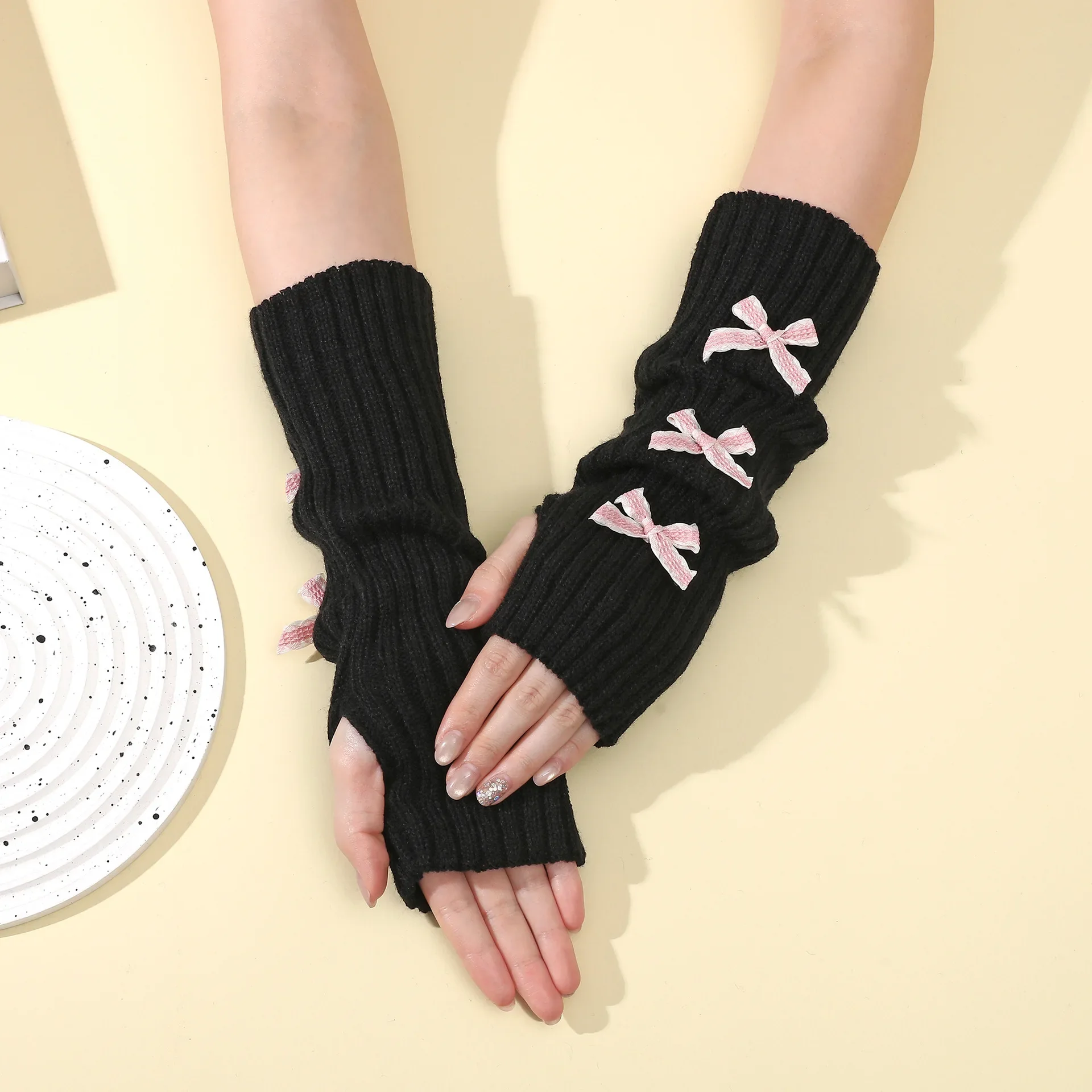 Y2K القوس أصابع قفازات النساء طويلة متماسكة مدفئات للذراع مترهل الأكمام منفعل لطيف شتاء دافئ الأيدي الحرة قفازات