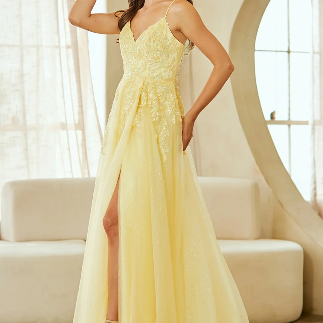 Amanda Aangepaste Pailletten Zijsplit Spaghetti Band Prom Dress Backless vestidos de noche Vloerlengte A-lijn Formele Avond