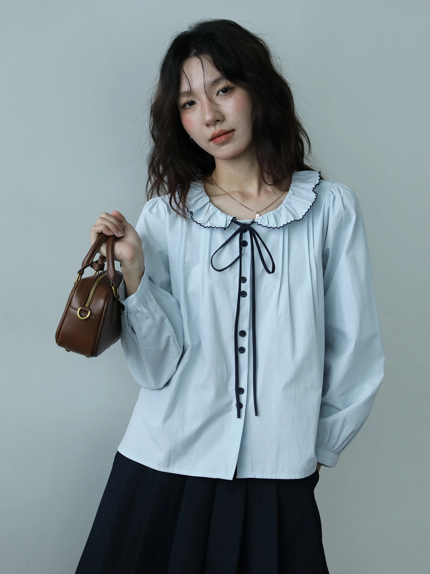 

Ele Pure Color Long Sve irt with Knot Lace Collar for Women Autumn Winter New Sle Simple Faion Top