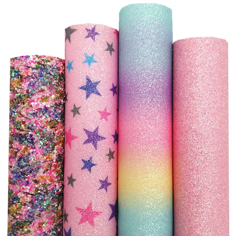 Pink Glitter Leather Pastel Rainbow Glitter Faux Fabric Stars Printed Glitter Leather Sheets For Bows DIY 21x29CM Q618