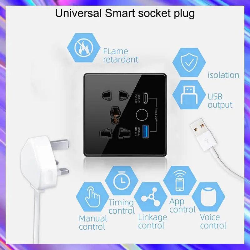 

Умная розетка Tuya с Typec + USB-разъем для быстрой зарядки, дистанционная синхронизация, Wi-Fi, умная британская стандартная розетка 86 типа с пятью отверстиями B