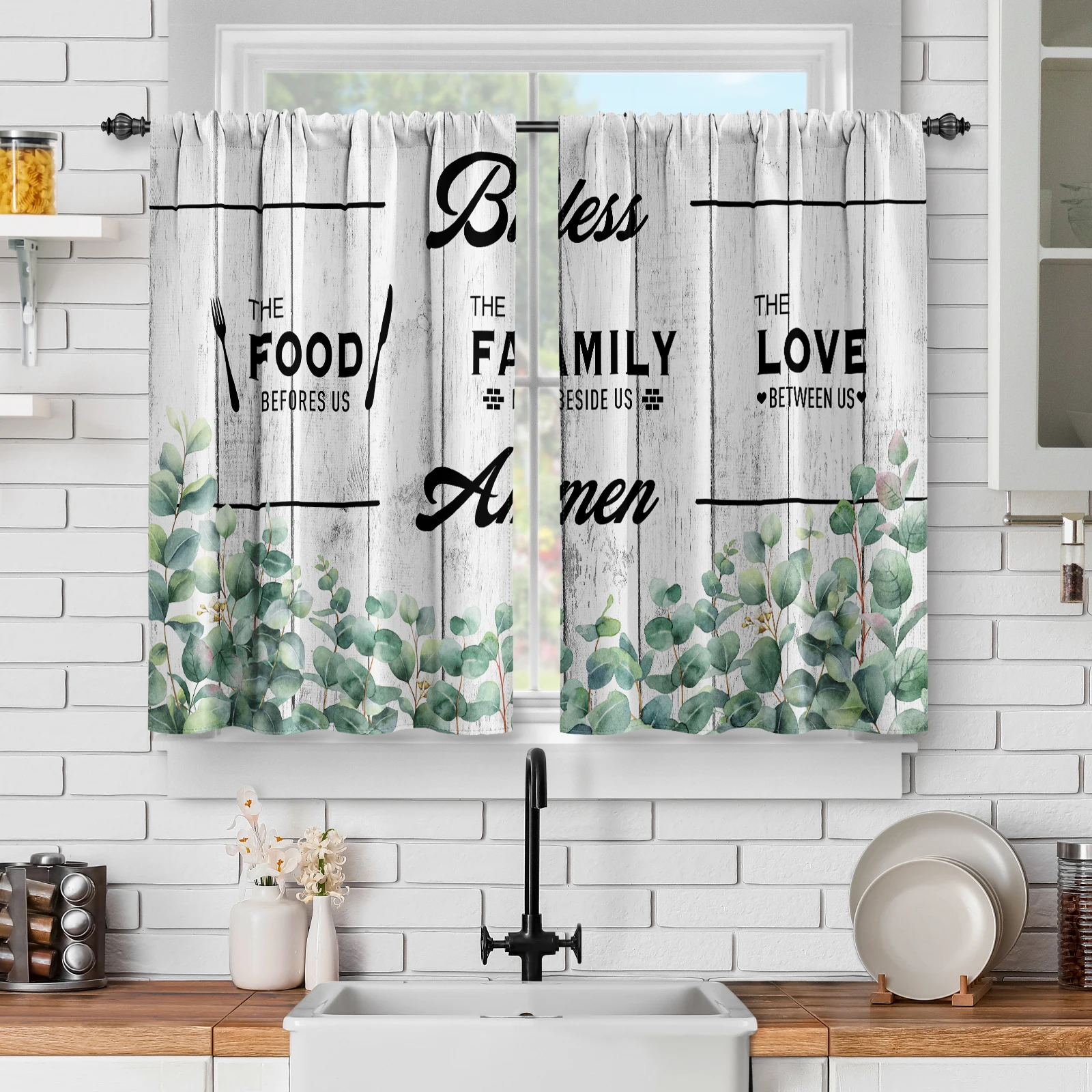 2 Panels Country Eucalyptus Leaves Kitchen Curtains, Plant Farmhouse Rustic Botanical Short Cafe Tier Curtains Decor for Living