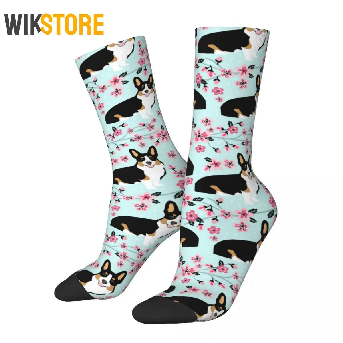 

Autumn Winter Funny Unisex Corgi Cherry Blossom Floral Dog Socks Animal Breathable Basketball Socks Breathable Sock