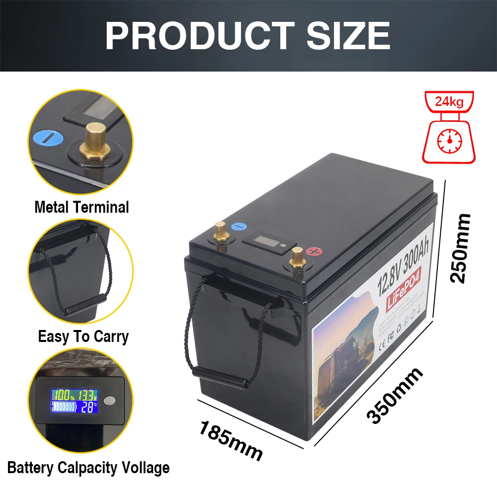 12V LiFePO4 Battery 300AH Built-in BMS Lithium Iron Phosphate Cell 6000 Cycles For RV Campers Golf Cart Solar TAX FREE + Charger