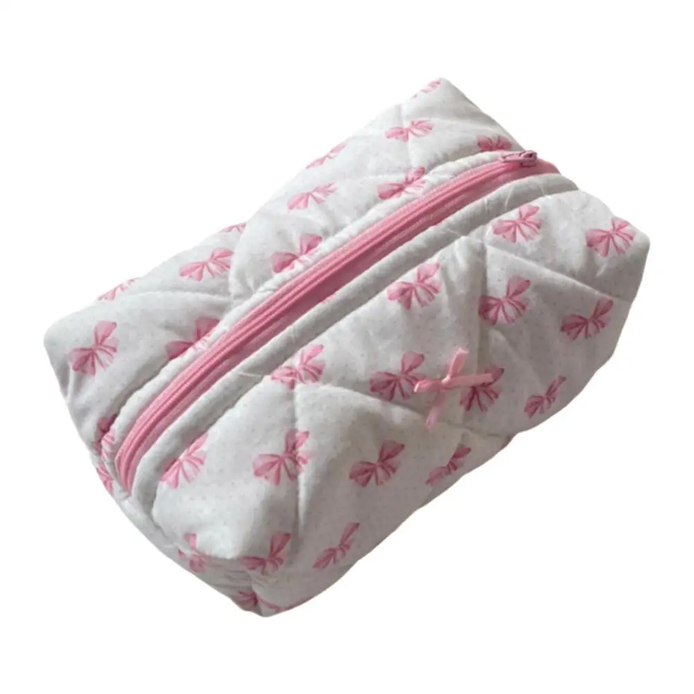 Cute Small Floral Cotton Makeup Bag With Pink And Blue Bow Design For Girls Kawaii Travel Cosmetic Bags For Purse