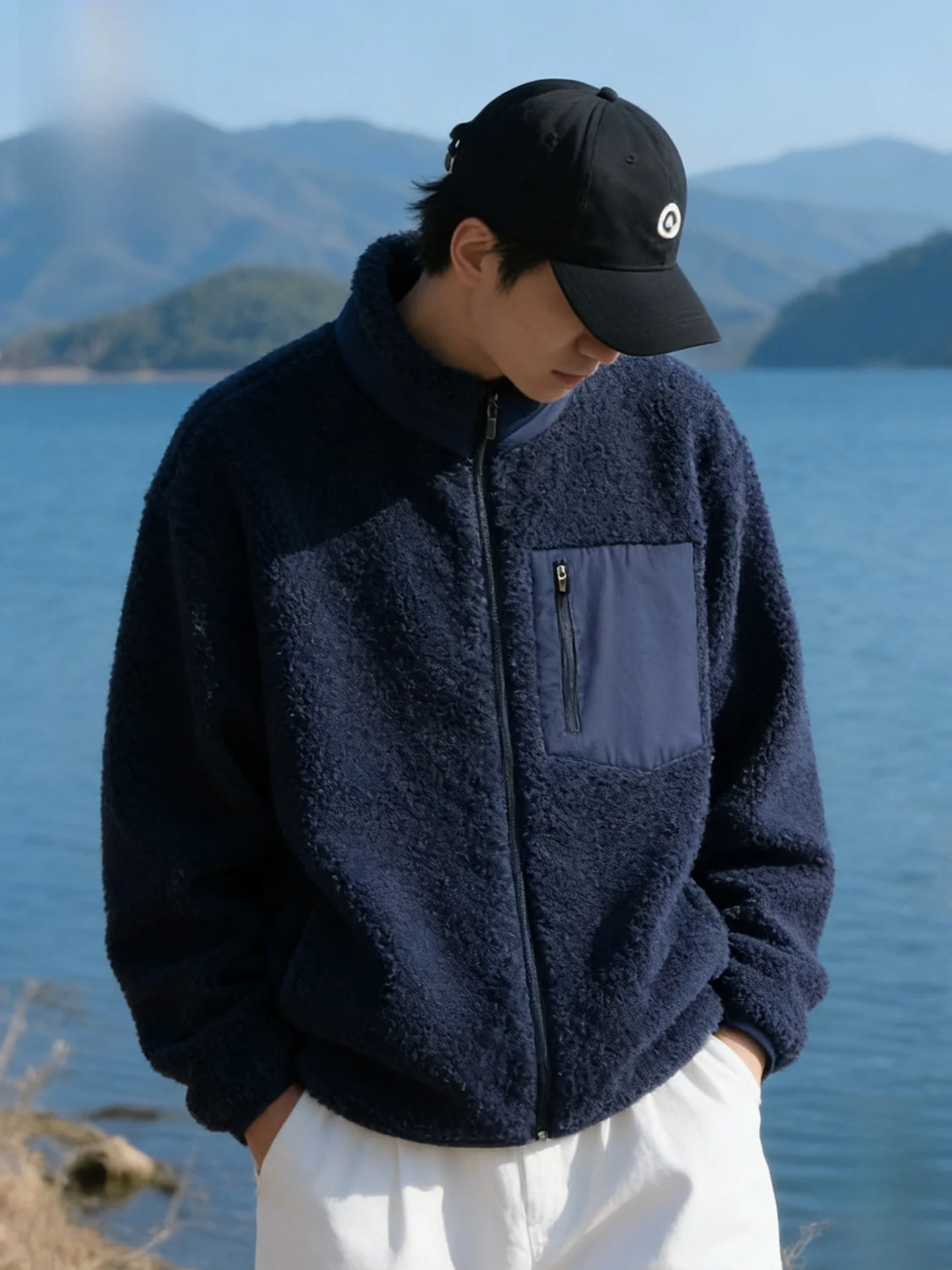 

Thiened Floing Jaet Men's Winter Warm Zipper Casual Sle Polyester Fiber Coat Youth Loose Fit Full Sve