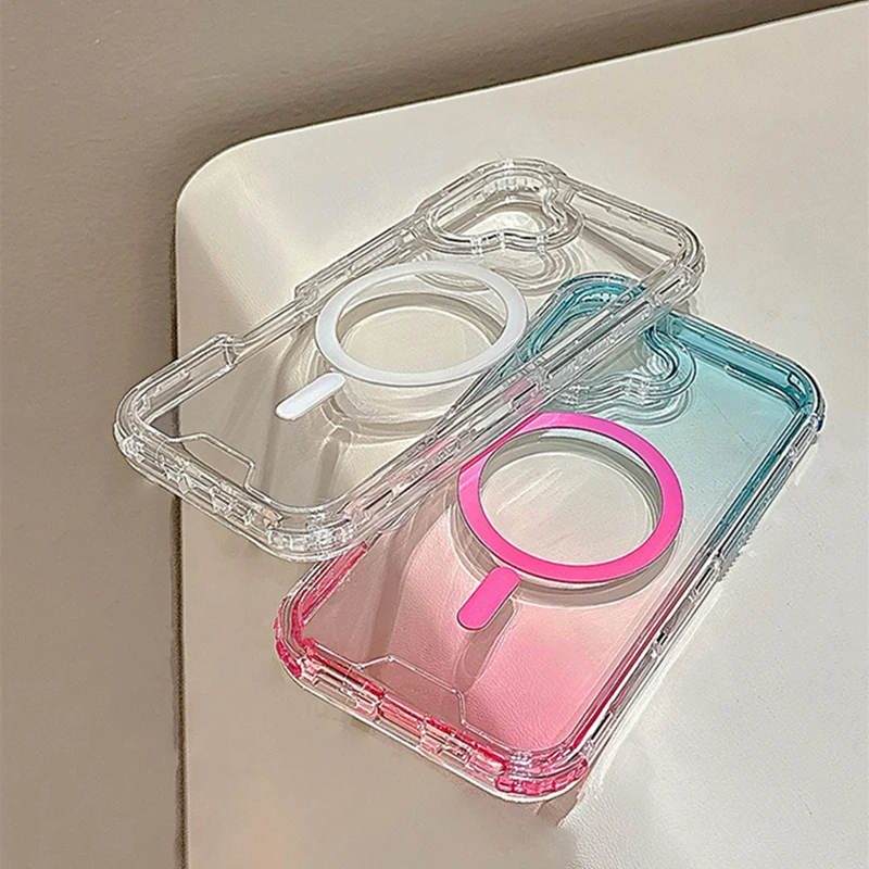 3 IN 1 Gradient Transparent for MagSafe Case For iPhone 17 Pro Max 16 Pro 15 14 13 12 Simple Clear Wireless Charging Cover