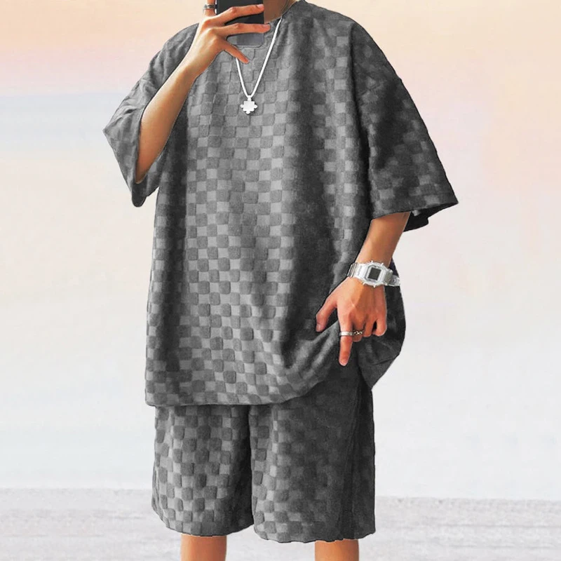 2024 Spring Summer Casual Two Piece Set Male Short Sleeve O Neck Cotton T Shirt And Shorts Beach Suits Men Fashion Plaid Outfits