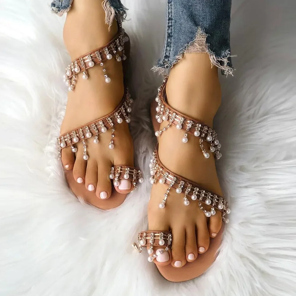 

New Style Rhinestone Beaded Flat Bottomed Women'S Sandals Set In Large Sizes 40&43, Pearl Wrapped Beach Outdoor Sandals