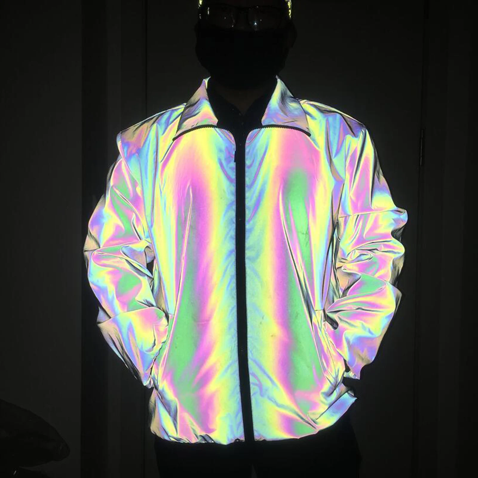 

Glow Rainbow Hip Hop Jackets Black Reflective Jacket For Men And Women Hoodless Zipper Coat Windbreakers