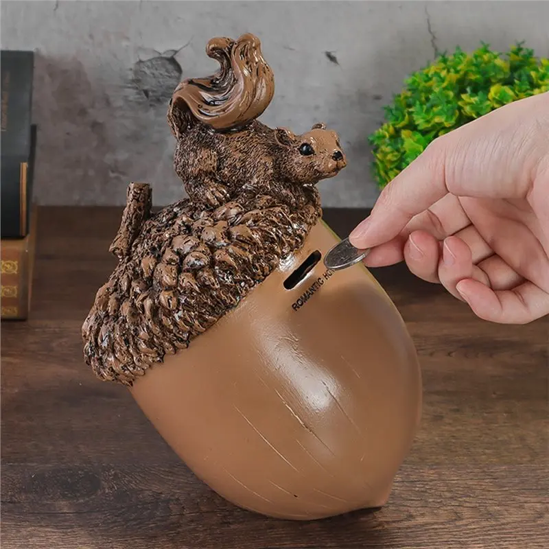 AEE4-Adorable Squirrel And Acorn Piggy Bank Sculpture, Creative Resin Coin Bank, Home Decor Figurine, Desktop Decoration