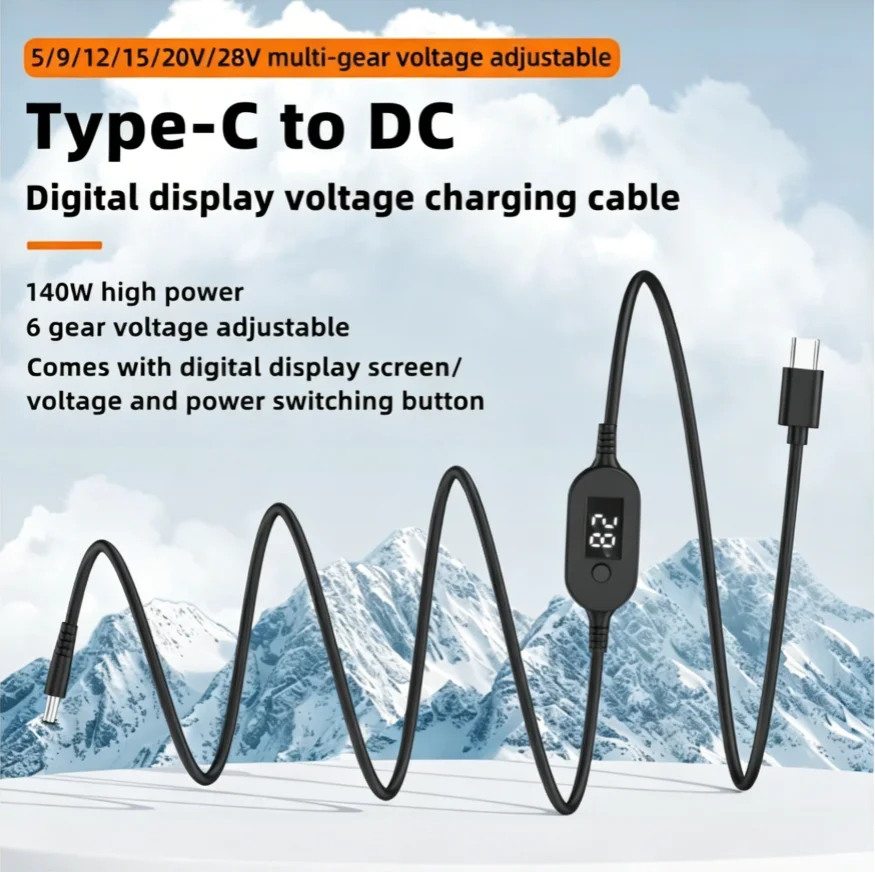 ​U​SB C PD to DC 5V 9V 12V 15V 20V 28V Adjustable Voltage Power Boost Cable 140W 5.5X2.5mm Universal Adapter Cord for Laptop