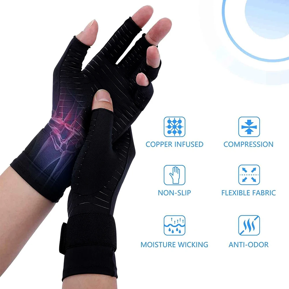 1Pair Copper Arthritis Compression Gloves Women Men Relieve Hand Pain Swelling and Carpal Tunnel Fingerless for Typing