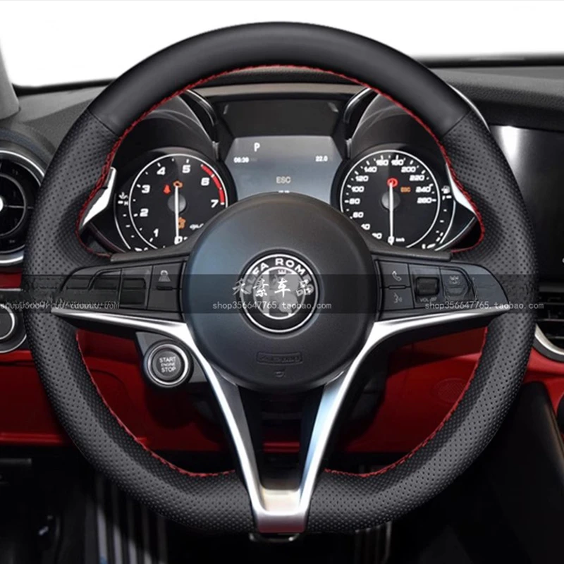 

Hand-stitched non-slip Black Genuine Leather car steering wheel cover 100% Fit For Alfa Romeo Giulia 2016-2019 Stelvio 2017