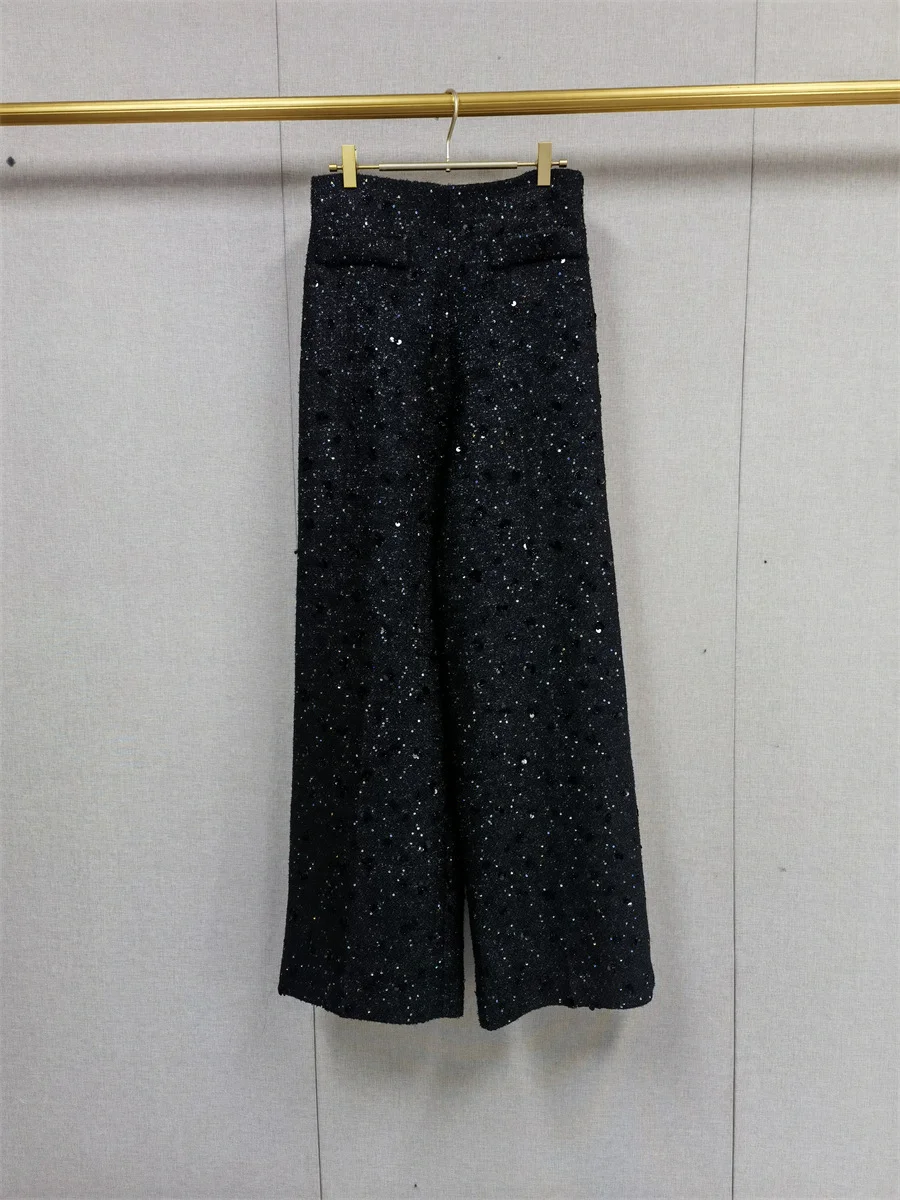 【Darmowy Prezent】Zestaw Damski Jesień Zima 2025: Francuski, Niszowy Top z Kolorowymi Blokami, Cyrkoniami, Perłami i Cekinami + Spodnie z Szerokimi Nogawkami