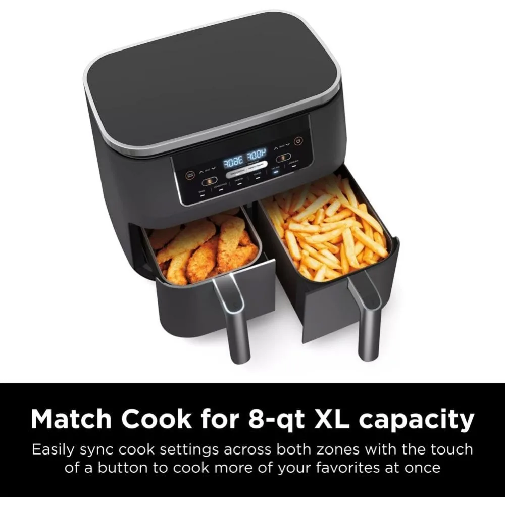 Air Fryer 2 keranjang dengan 2 keranjang penggorengan independen, cocok untuk memasak & Smart Finish untuk panggang, Broil, abu-abu Air Fryer