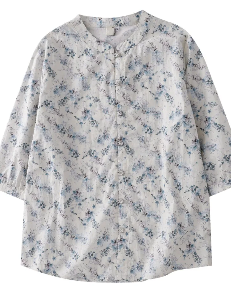 بلوزة نسائية صيفية فضفاضة بياقة عالية مطبوعة بالزهور من القطن الخالص بتصميم فني للمقاسات الكبيرة والمقاسات الخاصة