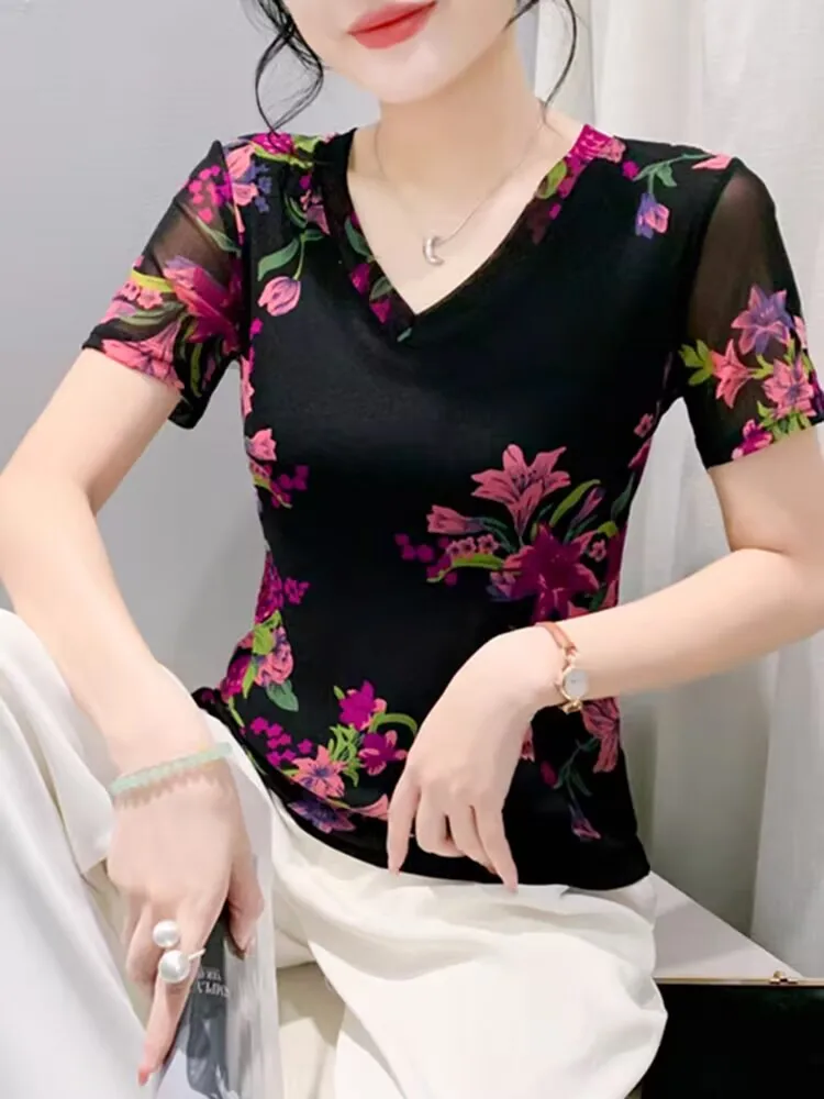 2024 New Arrival Elegant Female T-shirt Summer Woman S-3XL Short Sleeves Printed Flowers Art High Street Retro Dress To Kil